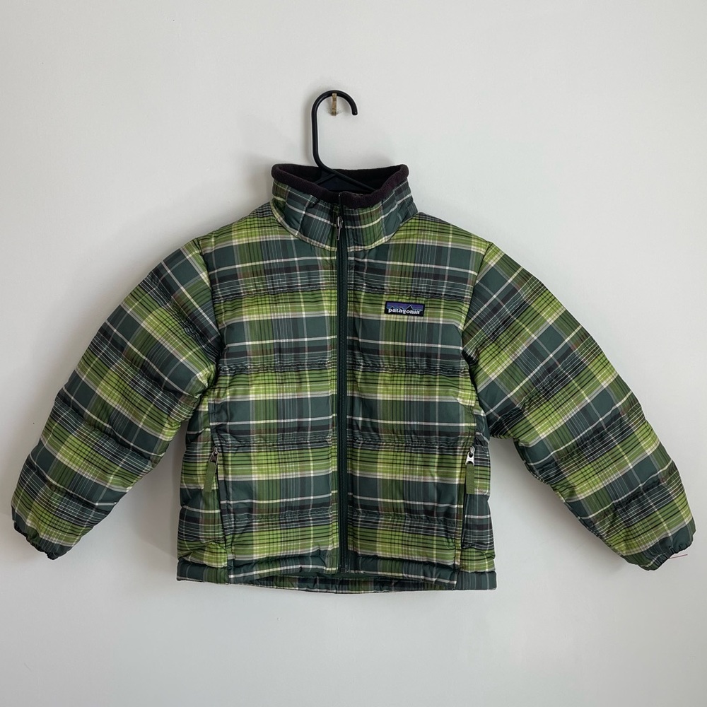 Patagonia Kids 5/6 Green Plaid Goose Down Puffer Jacket Outdoors Gorpcore Hiking
